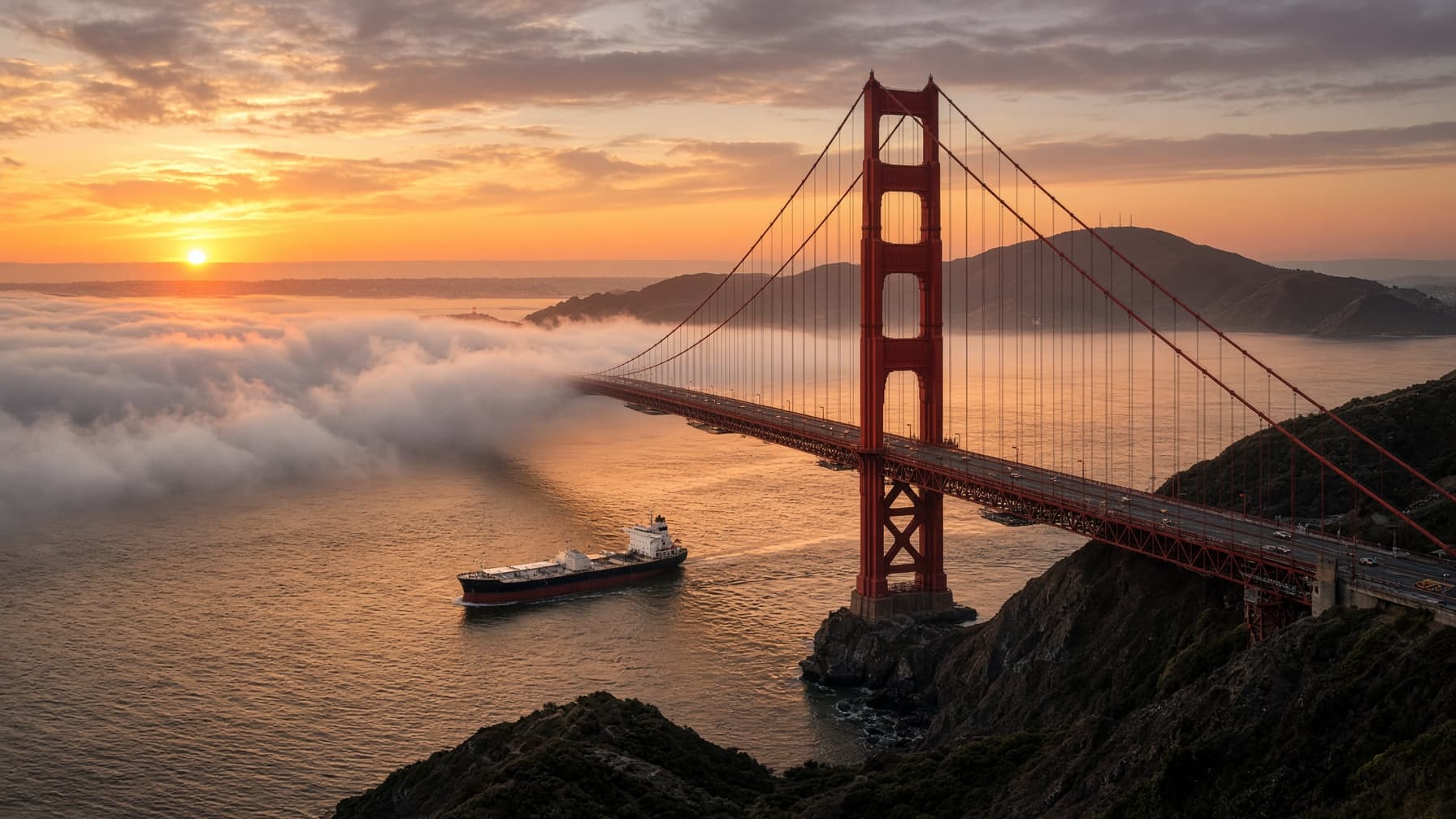 The Golden Gate Bridge at sunrise with fog over San Francisco Bay