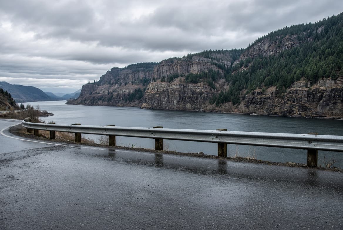 The Columbia River Gorge from a wet highway shoulder, representing Oregon Health Plan billing
