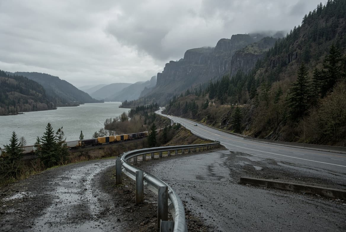 A freight train and Interstate 84 in the Columbia River Gorge, representing the systems that move a program’s data