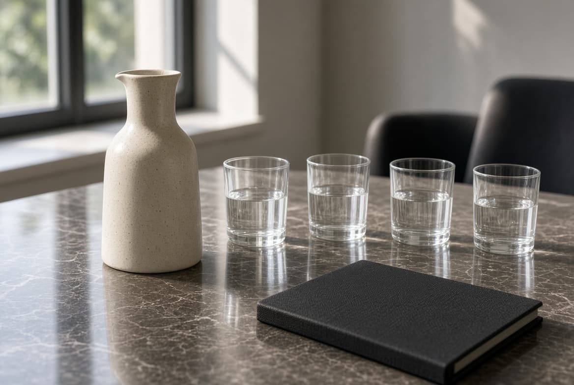 A conference table set with a water carafe, glasses and a notebook before a provider enrollment meeting