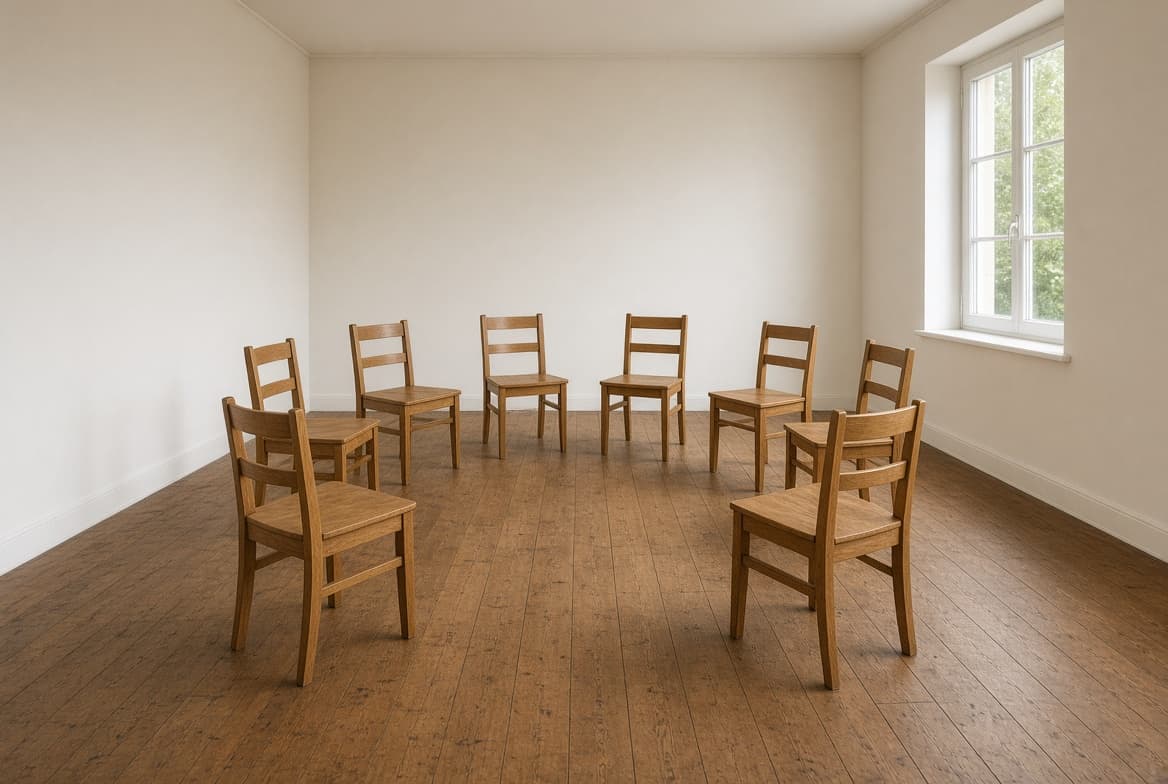A circle of wooden chairs in a quiet room, representing the quality committee behind a QAPI program