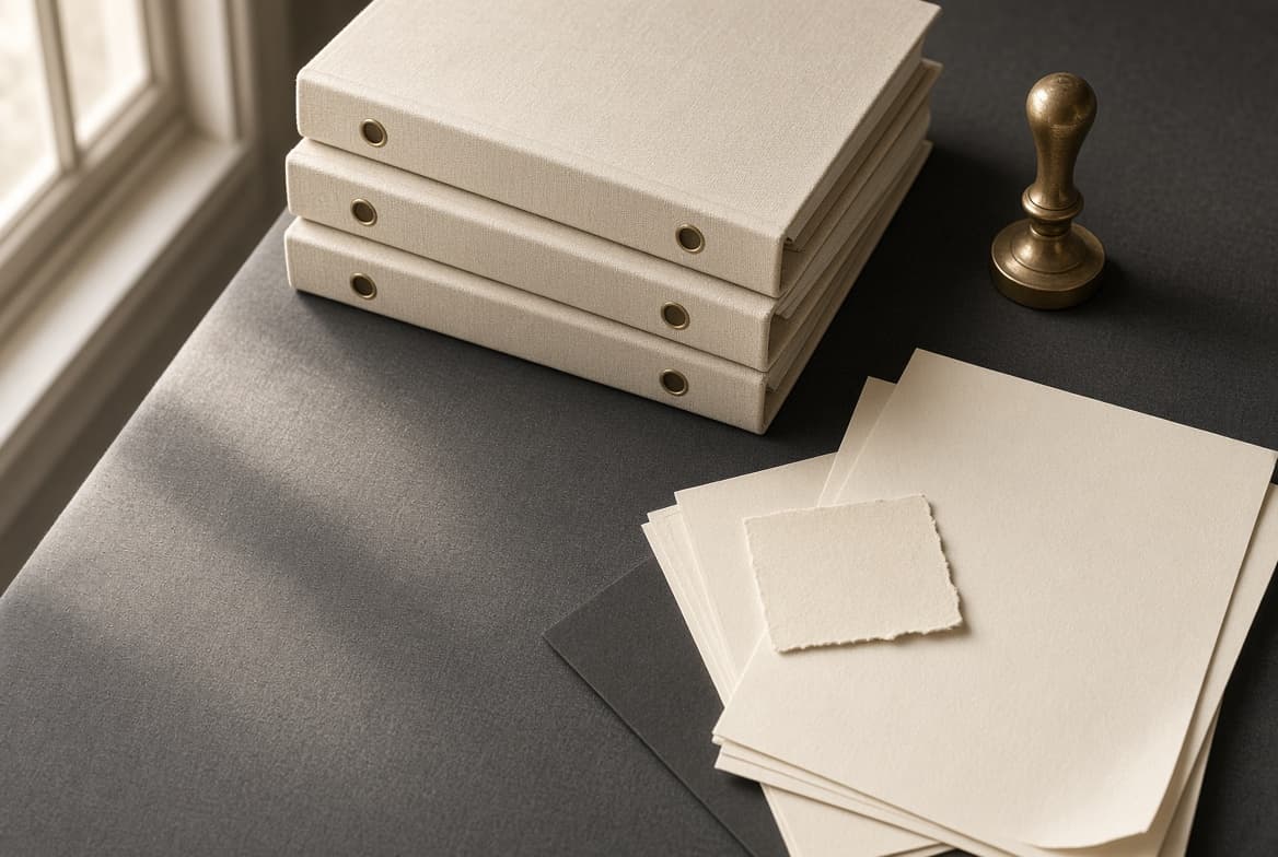Linen binders and a brass stamp beside blank sheets, representing controlled substance registration records