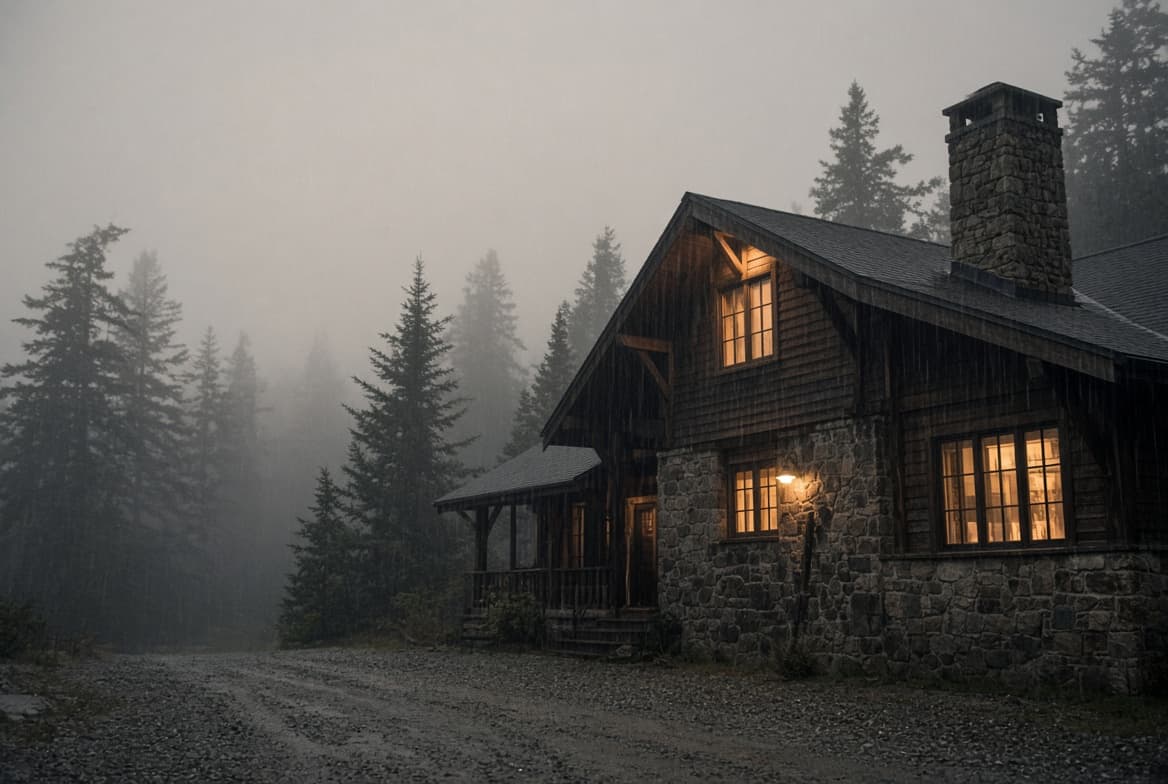 Stone and shingle residential treatment lodge in the rain with lit windows, representing Washington residential treatment facility licensing