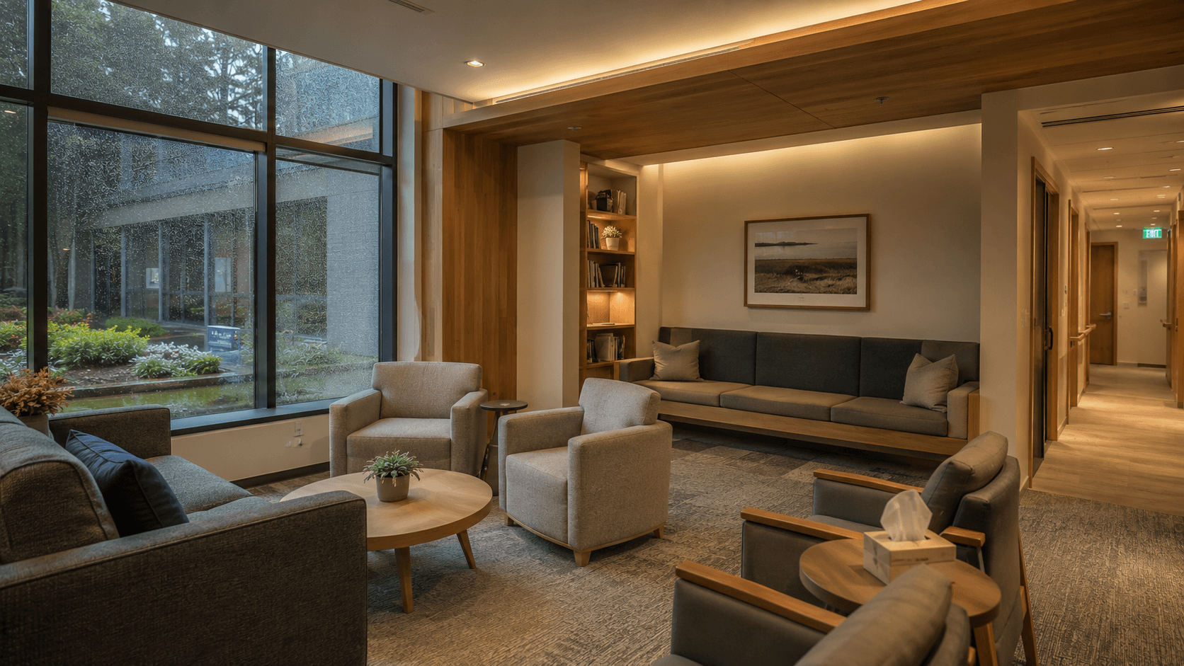 Modern behavioral healthcare lounge interior