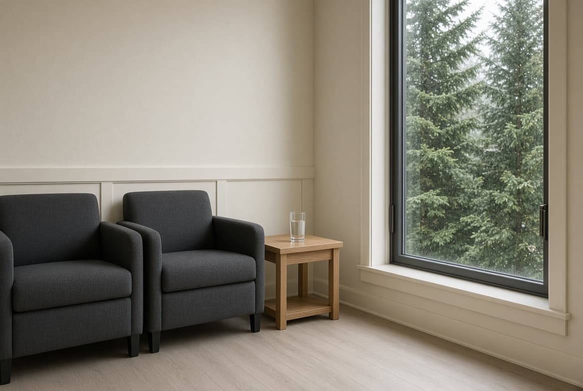 A behavioral health waiting room with armchairs and a tall window onto fir trees