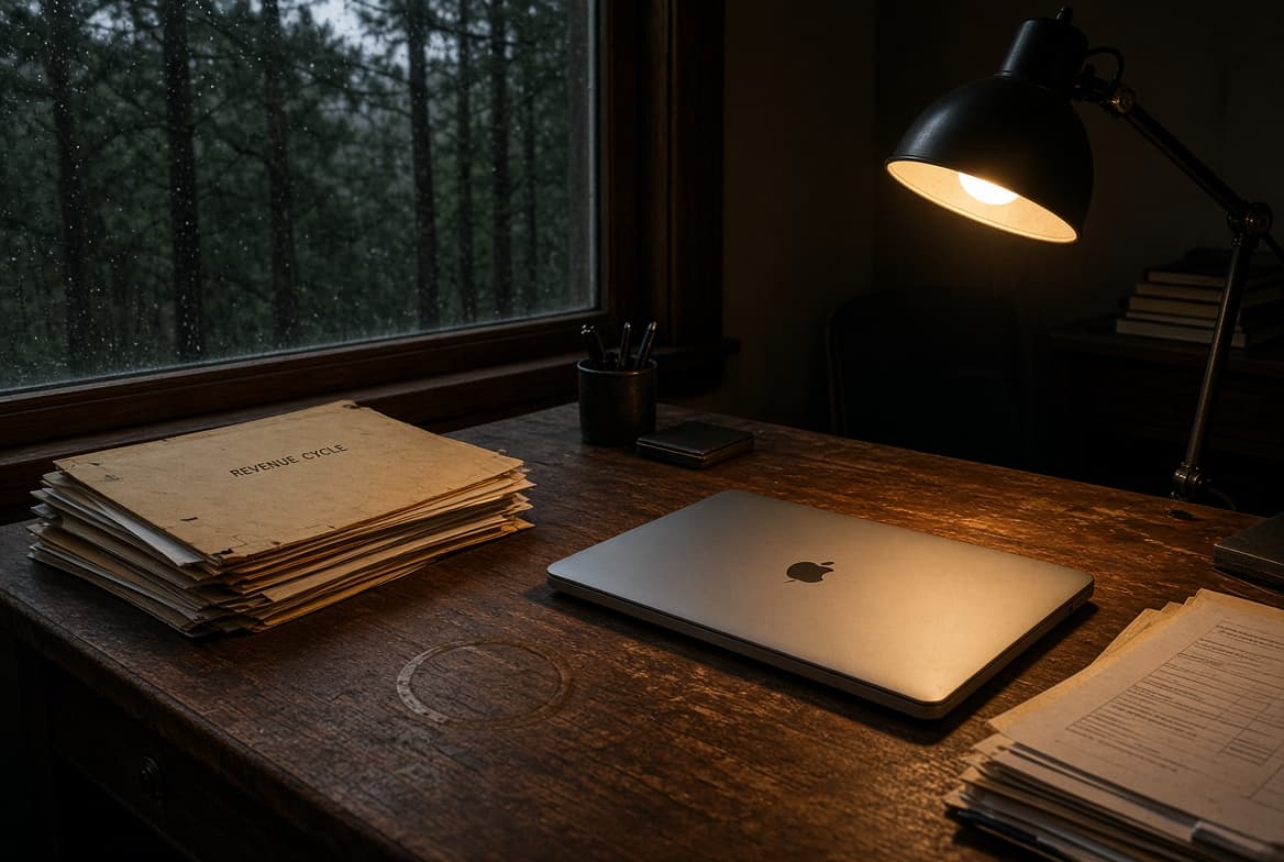 A desk at night with a lamp, a laptop and a stack of folders labeled Revenue Cycle