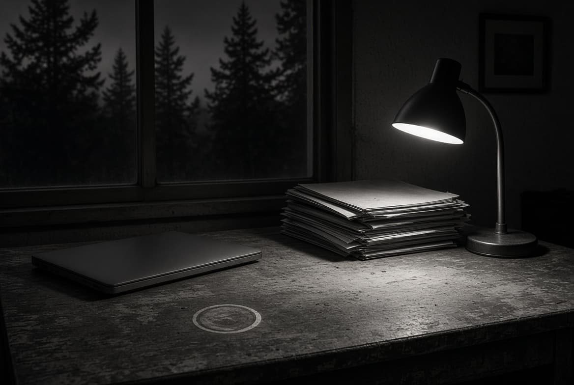 A dark desk with stacked paper and a lamp beside a forest window, the clinical packet a continued stay review turns on