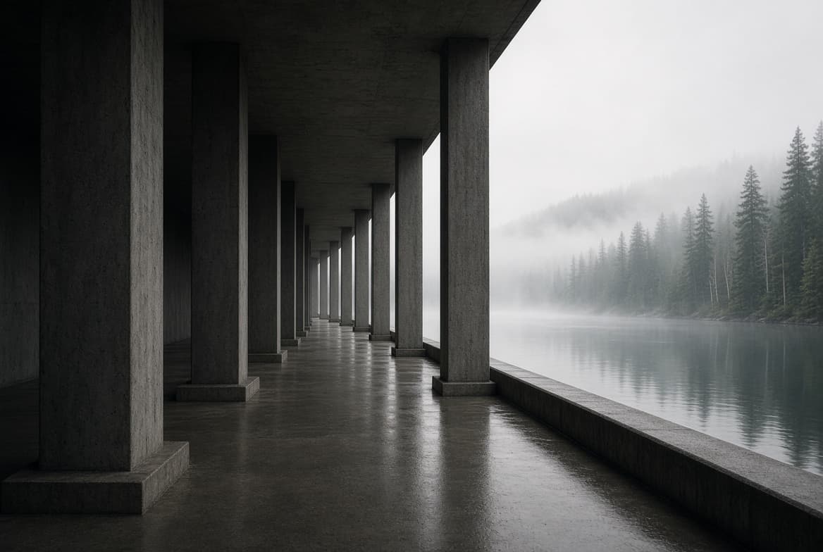 A long concrete colonnade beside a misty lake, representing the structure behind a working revenue cycle