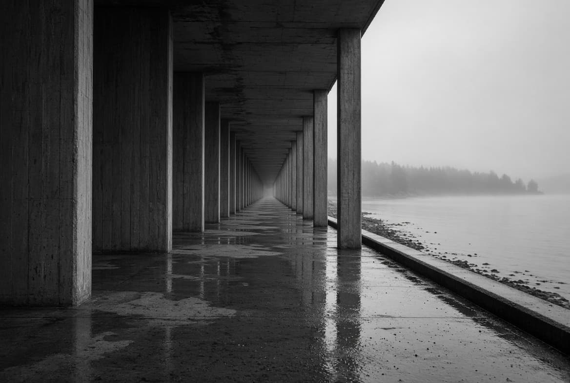 Receding concrete columns along a waterfront in monochrome, representing confidentiality around SUD records