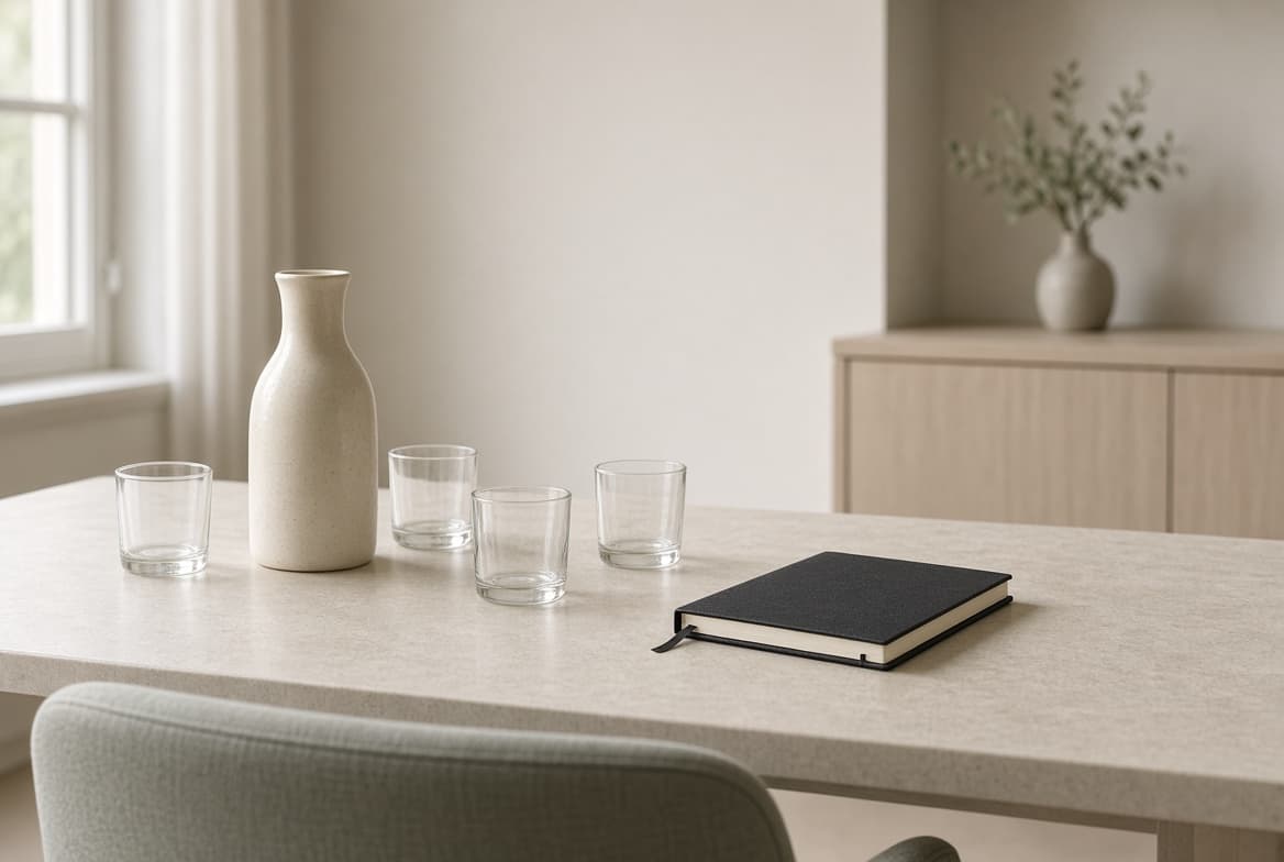 A bound notebook and water glasses on a daylit meeting table, representing the clinical record