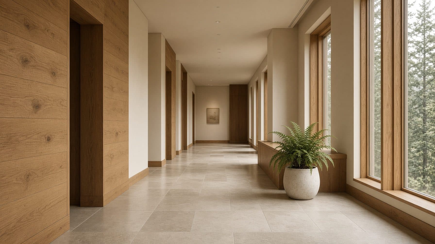 Wood-panelled corridor with floor-to-ceiling windows onto a forest