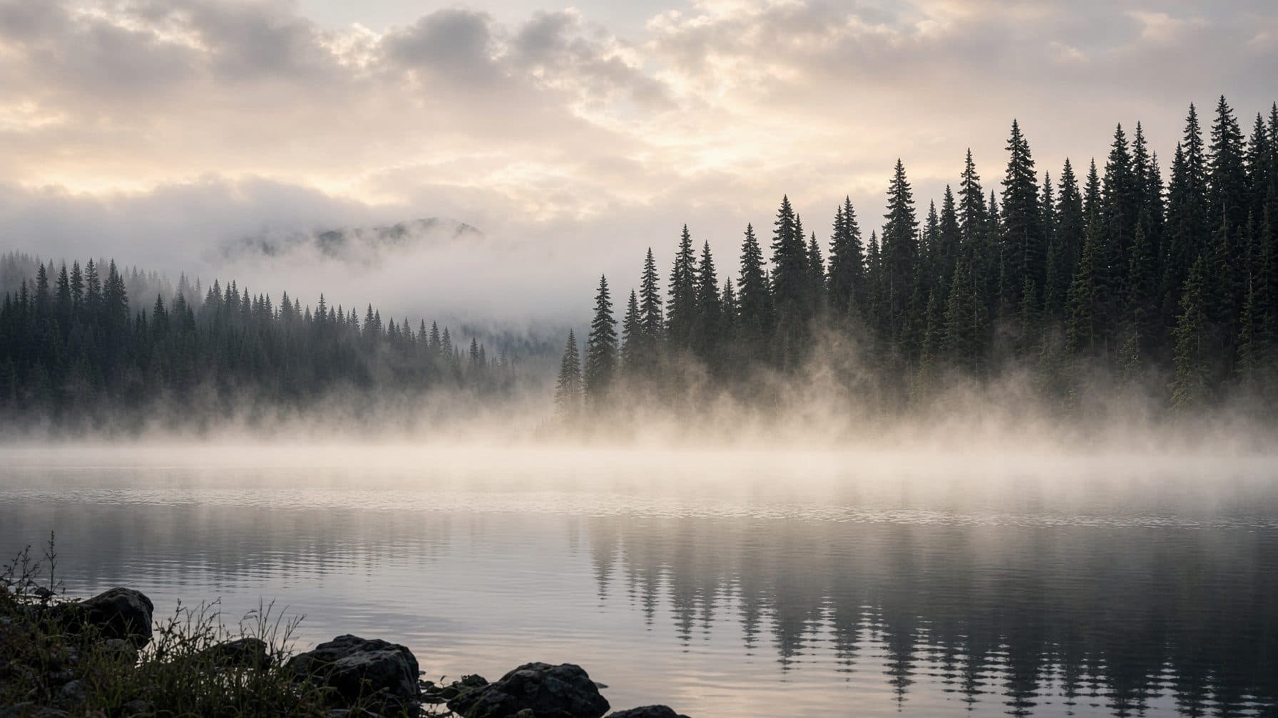 Morning mist over a still lake below a Pacific Northwest evergreen forest