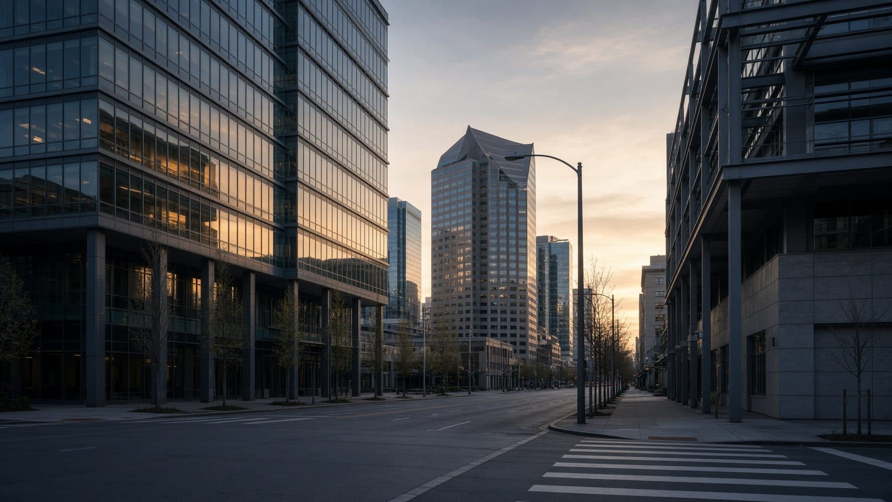 Downtown office towers at dusk above an empty street, representing Oregon Health Plan payment policy