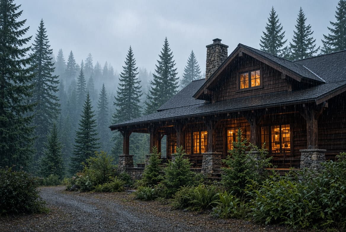 A timber and stone behavioral health facility at dusk with lit windows, the kind of site a CARF survey team visits