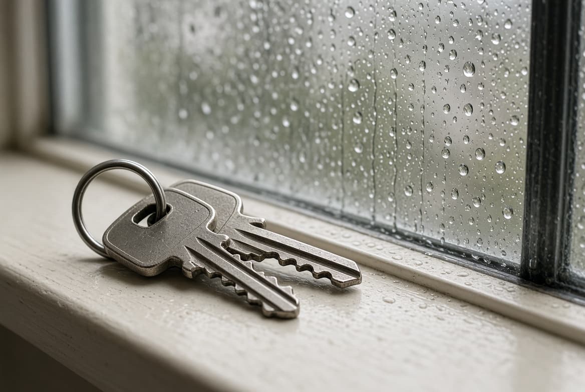 Two keys resting on a windowsill against rain-streaked glass, representing a newly licensed private practice